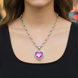 NWT! Silver Heart Pendant Necklace with Pink Gemstone! 💕